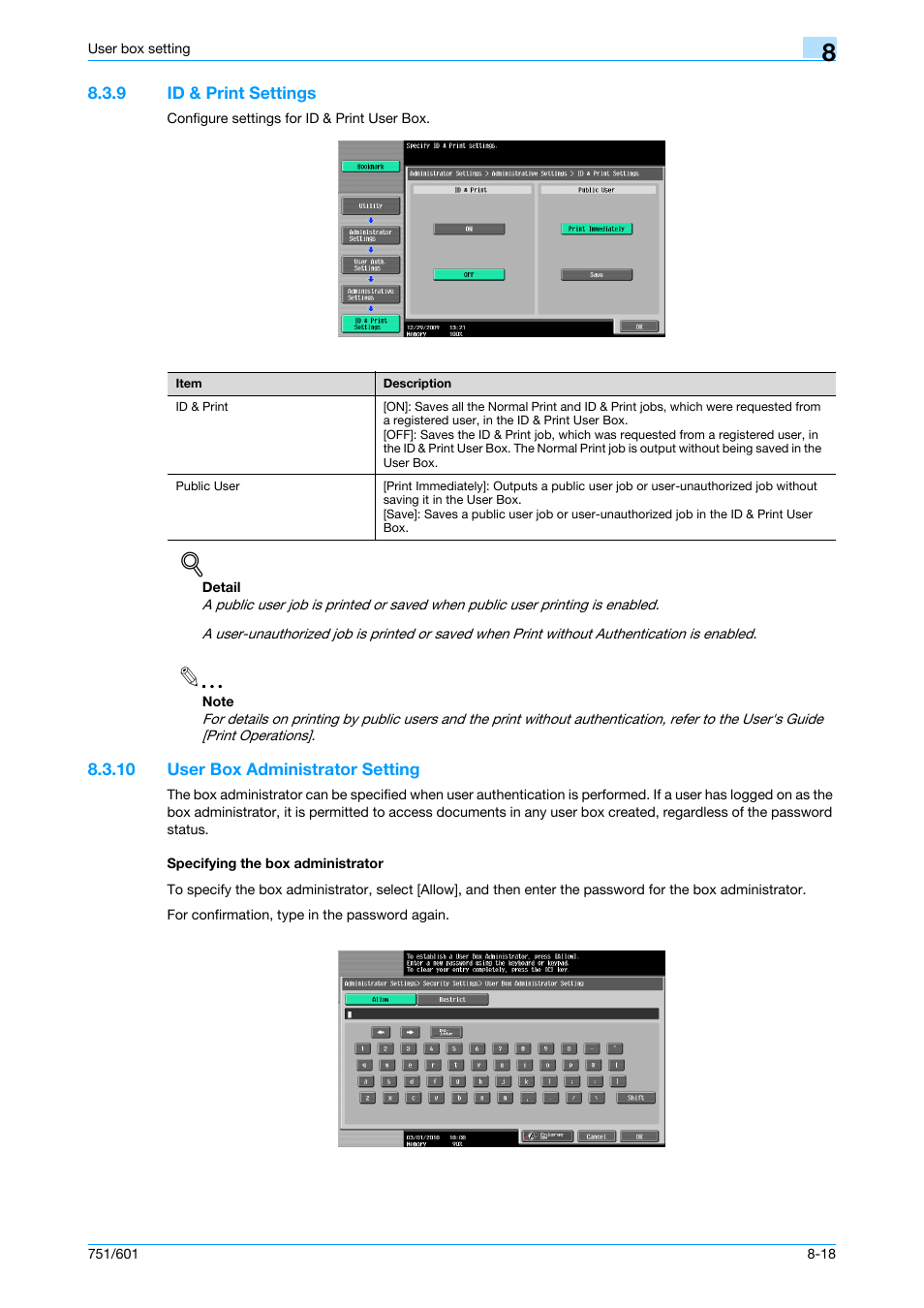 9 id & print settings, 10 user box administrator setting, Specifying the box administrator | Id & print settings -18, P. 8-18 | Konica Minolta bizhub 751 User Manual | Page 186 / 238