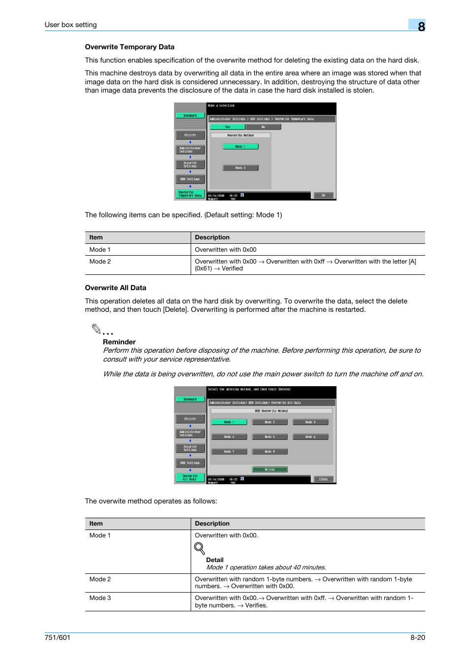 Overwrite temporary data, Overwrite all data, P. 8-20 | Konica Minolta bizhub 751 User Manual | Page 188 / 238