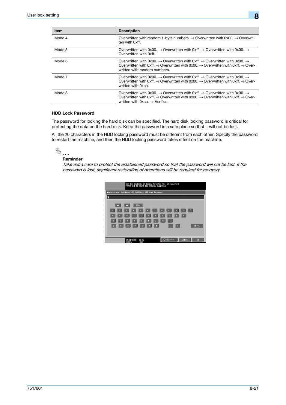 Hdd lock password, Hdd lock password -21, P. 8-21 | Konica Minolta bizhub 751 User Manual | Page 189 / 238
