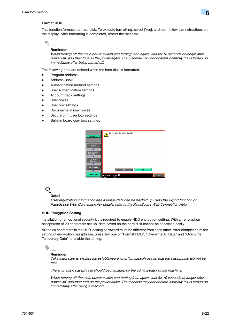 Format hdd, Hdd encryption setting, Format hdd -22 hdd encryption setting -22 | At hdd, P. 8-22 | Konica Minolta bizhub 751 User Manual | Page 190 / 238
