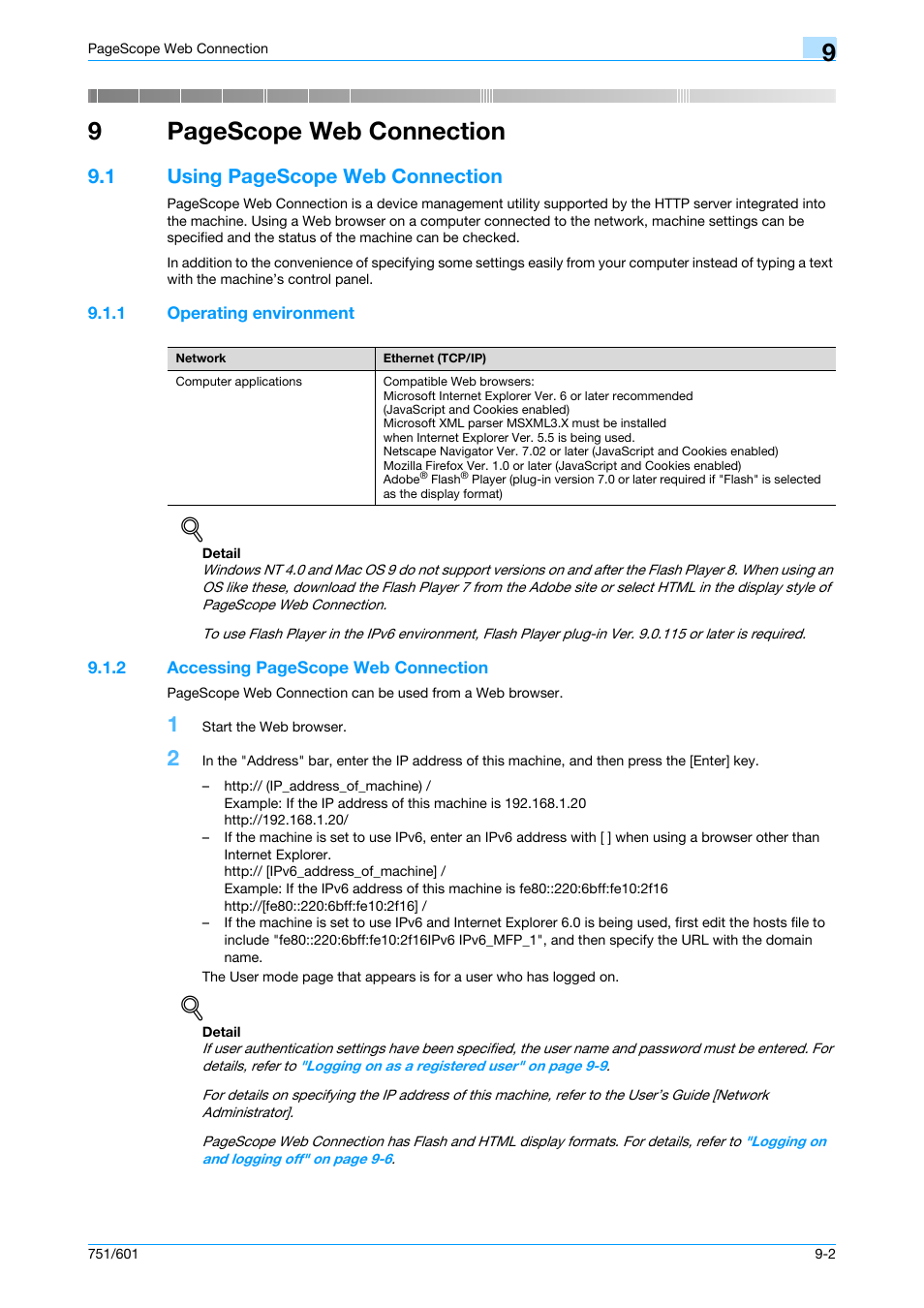 1 operating environment, Operating environment -2, 9pagescope web connection | 1 using pagescope web connection | Konica Minolta bizhub 751 User Manual | Page 192 / 238