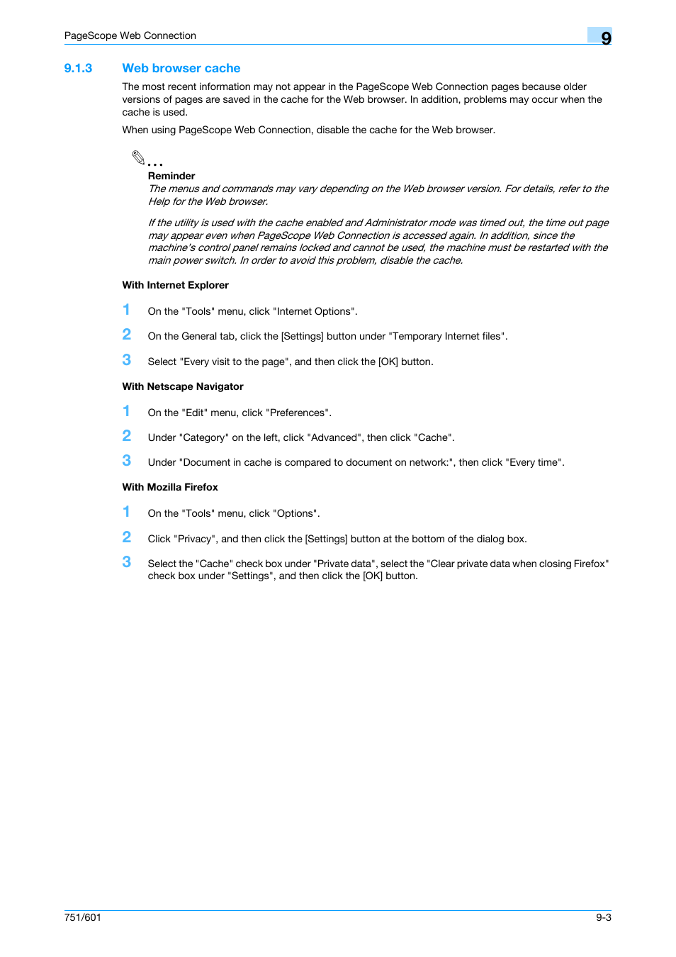 3 web browser cache, With internet explorer, With netscape navigator | With mozilla firefox | Konica Minolta bizhub 751 User Manual | Page 193 / 238