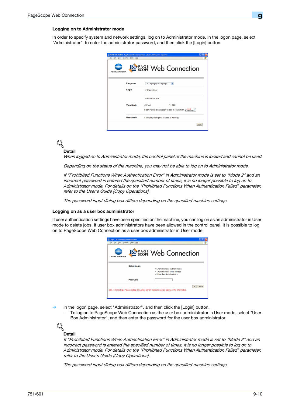 Logging on to administrator mode, Logging on as a user box administrator | Konica Minolta bizhub 751 User Manual | Page 200 / 238