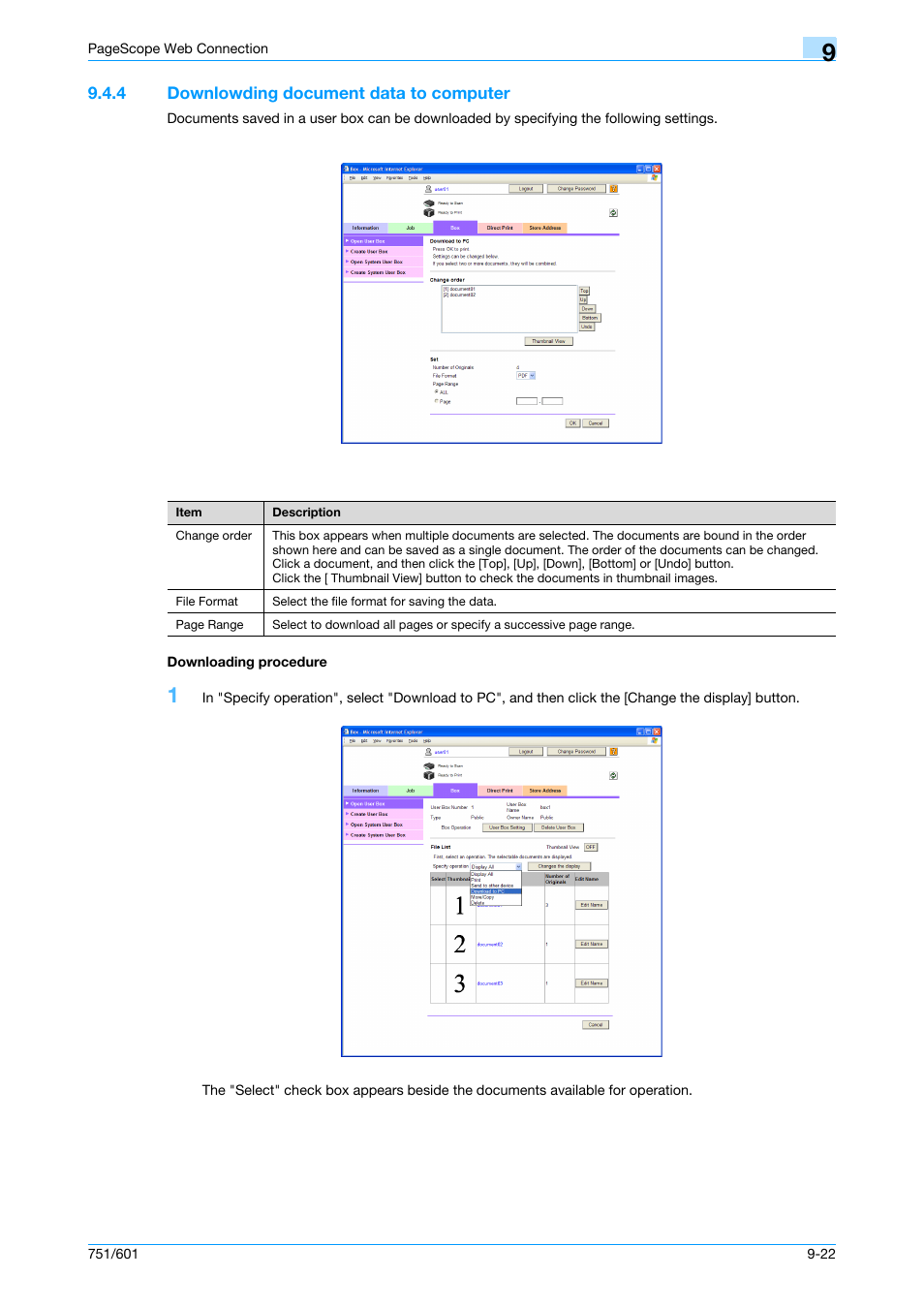 4 downlowding document data to computer, Downloading procedure | Konica Minolta bizhub 751 User Manual | Page 212 / 238