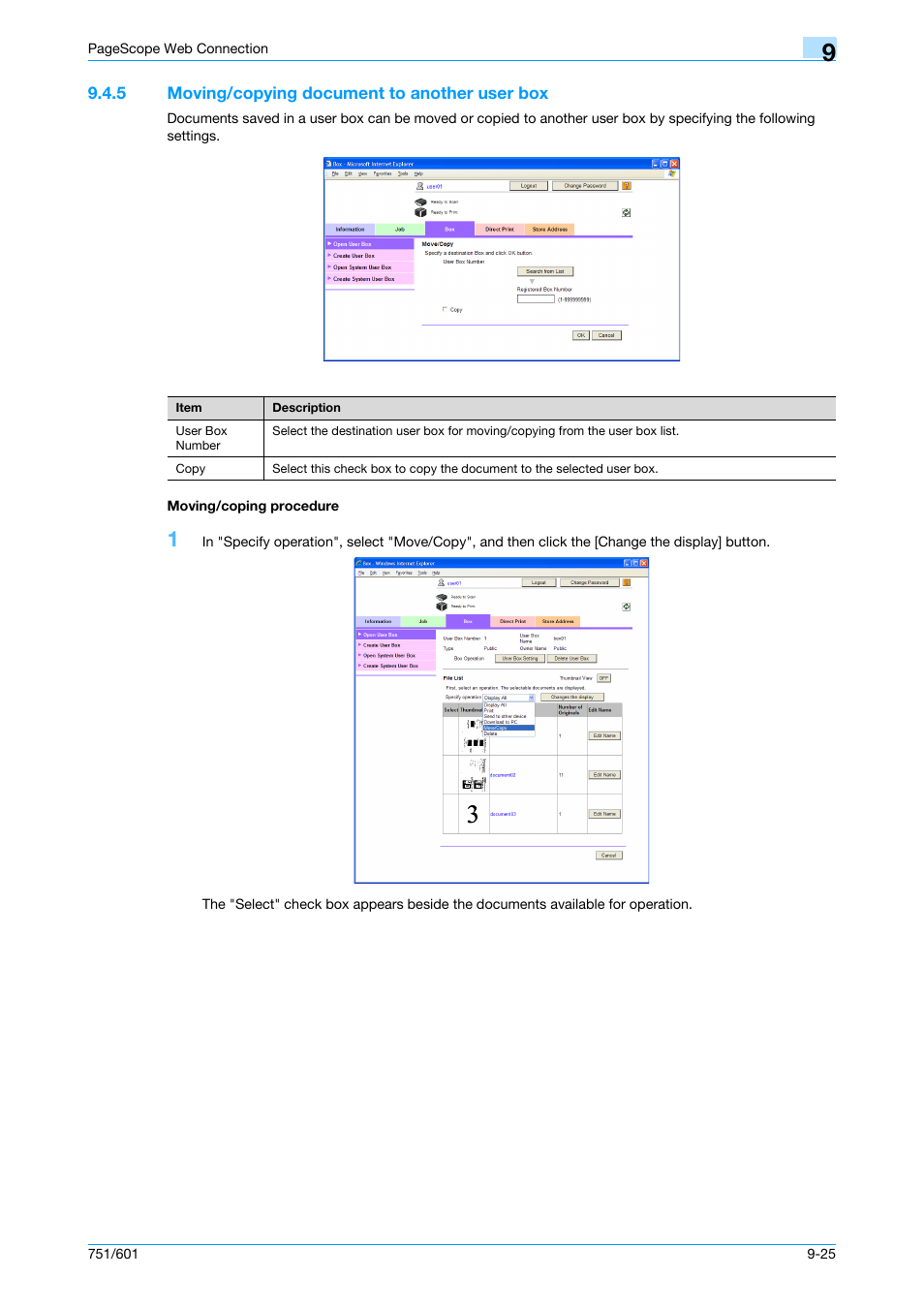 5 moving/copying document to another user box, Moving/coping procedure | Konica Minolta bizhub 751 User Manual | Page 215 / 238