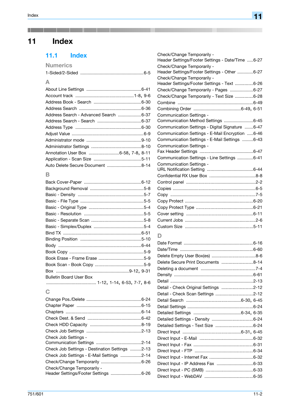 11 index, 1 index, Index -2 | Chapter 11 index | Konica Minolta bizhub 751 User Manual | Page 235 / 238