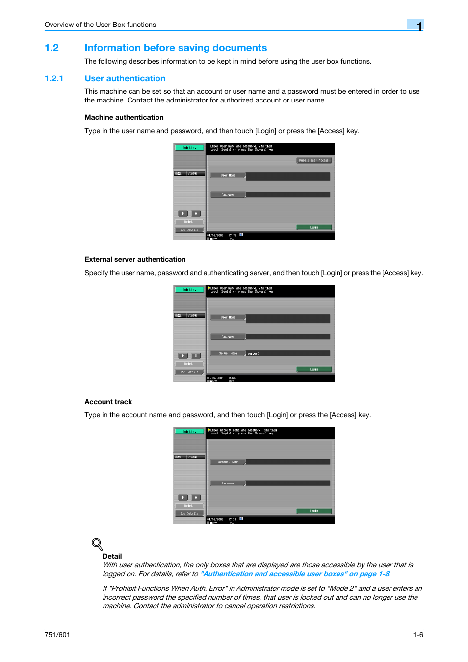 2 information before saving documents, 1 user authentication, Machine authentication | External server authentication, Account track, Information before saving documents -6 | Konica Minolta bizhub 751 User Manual | Page 24 / 238
