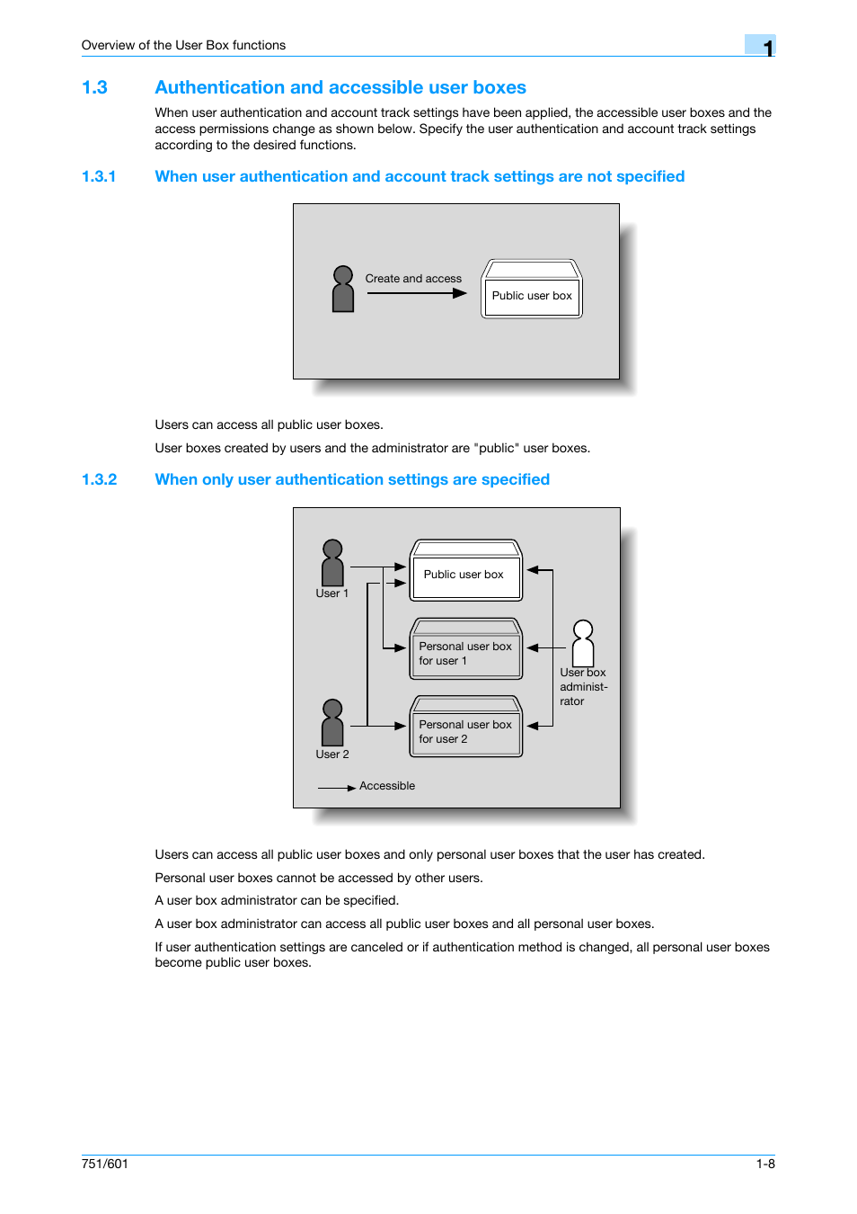 3 authentication and accessible user boxes, Authentication and accessible user boxes -8 | Konica Minolta bizhub 751 User Manual | Page 26 / 238