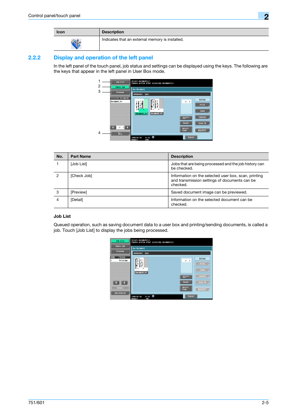 2 display and operation of the left panel, Job list, Display and op | Konica Minolta bizhub 751 User Manual | Page 37 / 238