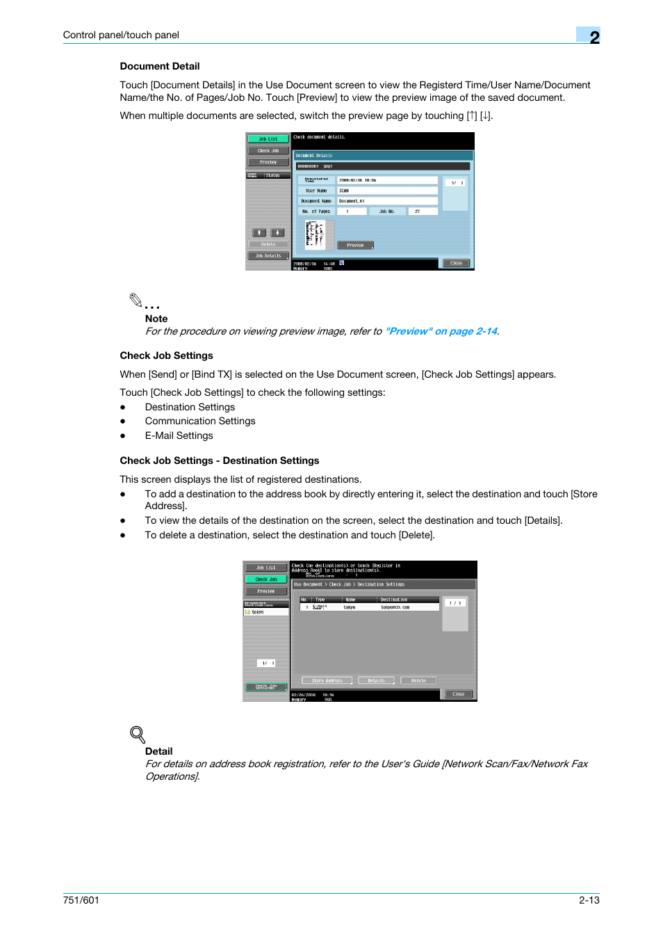 Document detail, Check job settings, Check job settings - destination settings | Konica Minolta bizhub 751 User Manual | Page 45 / 238