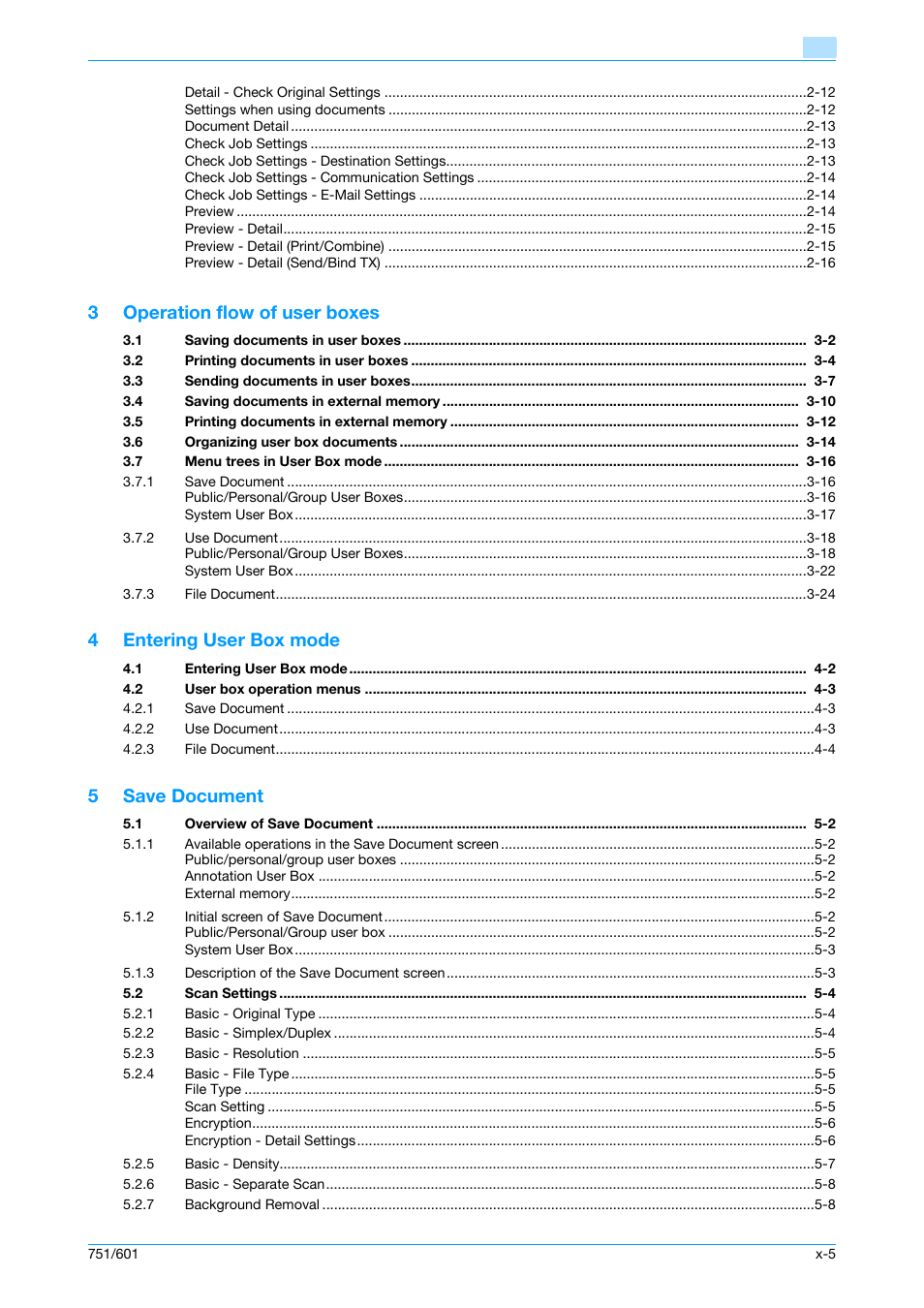 3operation flow of user boxes, 4entering user box mode, 5save document | Konica Minolta bizhub 751 User Manual | Page 6 / 238