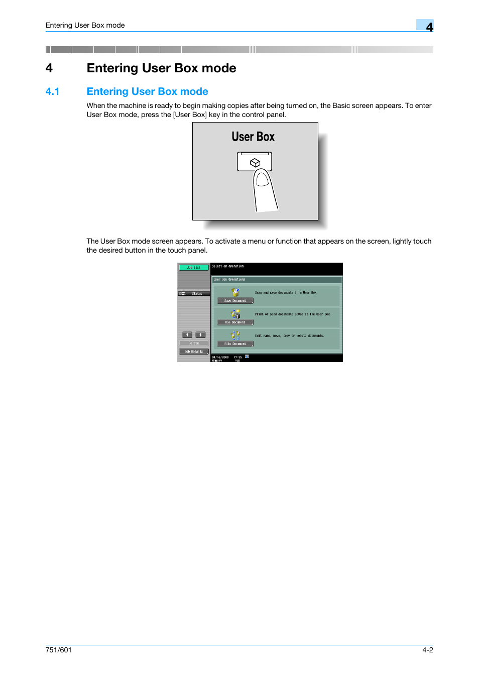4 entering user box mode, 1 entering user box mode, Entering user box mode | Entering user box mode -2, 4entering user box mode | Konica Minolta bizhub 751 User Manual | Page 74 / 238