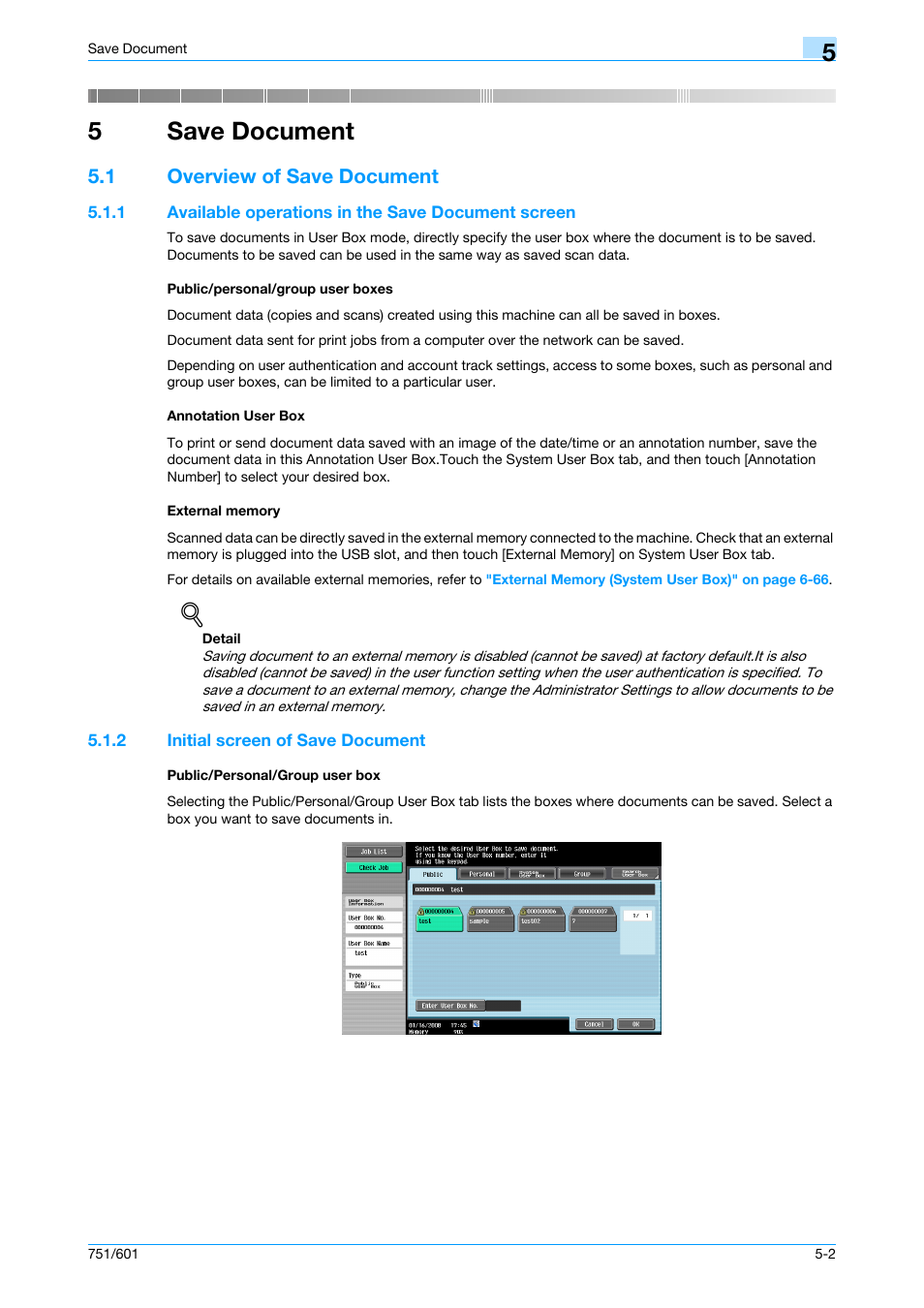 5 save document, 1 overview of save document, 1 available operations in the save document screen | Public/personal/group user boxes, Annotation user box, External memory, 2 initial screen of save document, Public/personal/group user box, Save document, Overview of save document -2 | Konica Minolta bizhub 751 User Manual | Page 78 / 238