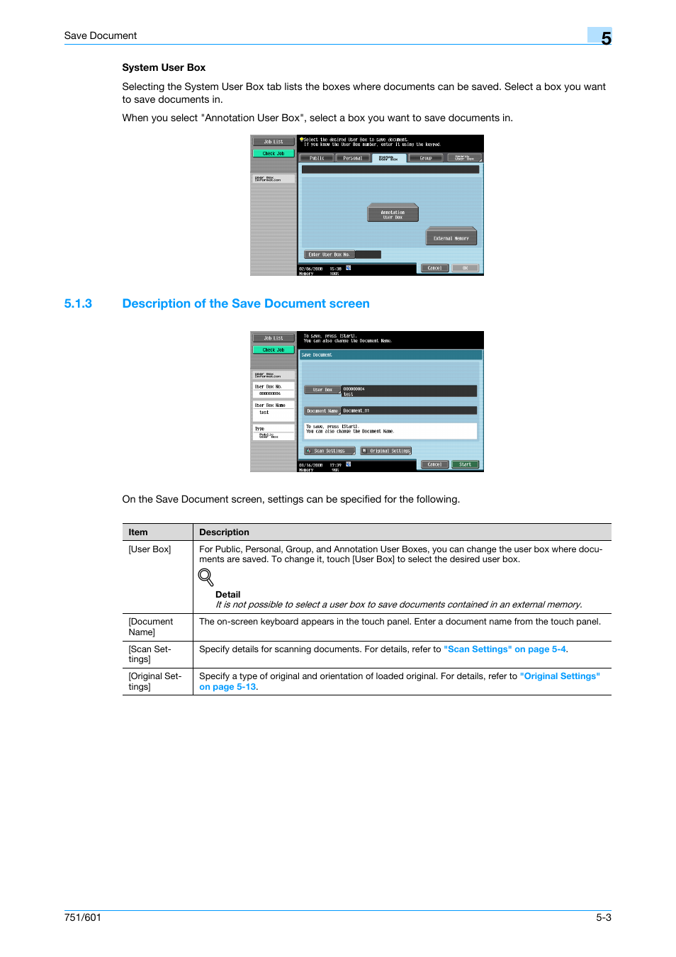 System user box, 3 description of the save document screen, System user box -3 | Description of the save document screen -3, P. 5-3, Nt name | Konica Minolta bizhub 751 User Manual | Page 79 / 238