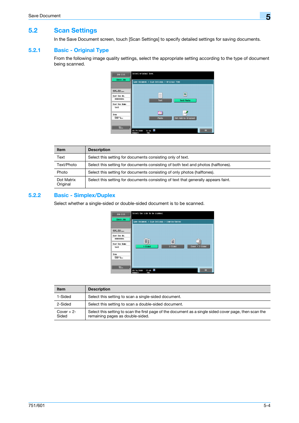 2 scan settings, 1 basic - original type, 2 basic - simplex/duplex | Scan settings -4, Basic - original type -4, Basic - simplex/duplex -4, P. 5-4 | Konica Minolta bizhub 751 User Manual | Page 80 / 238