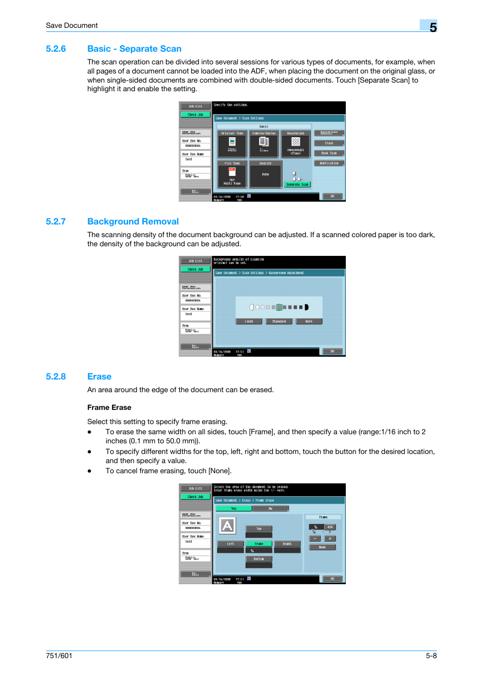 6 basic - separate scan, 7 background removal, 8 erase | Frame erase, Basic - separate scan -8, Background removal -8, Erase -8 frame erase -8, P. 5-8 | Konica Minolta bizhub 751 User Manual | Page 84 / 238