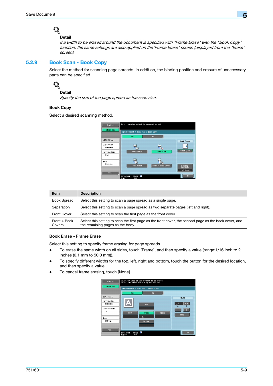 9 book scan - book copy, Book copy, Book erase - frame erase | P. 5-9 | Konica Minolta bizhub 751 User Manual | Page 85 / 238