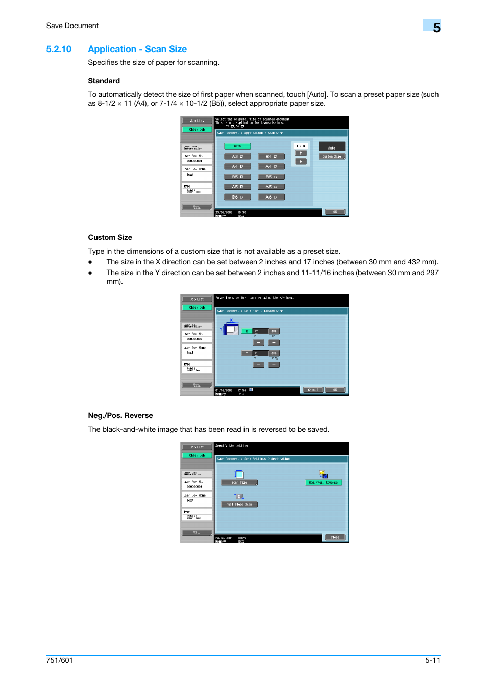 10 application - scan size, Standard, Custom size | Neg./pos. reverse, P. 5-11, Can size | Konica Minolta bizhub 751 User Manual | Page 87 / 238