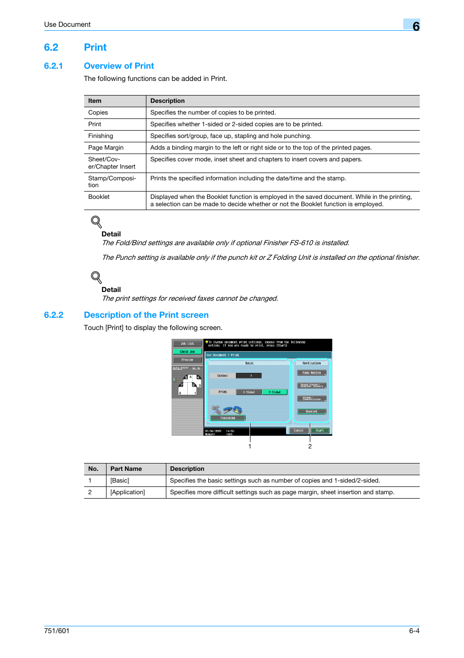 2 print, 1 overview of print, 2 description of the print screen | Print -4, Overview of print -4, Description of the print screen -4, P. 6-4 | Konica Minolta bizhub 751 User Manual | Page 94 / 238