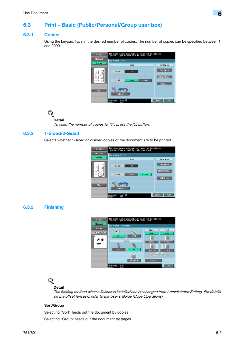 3 print - basic (public/personal/group user box), 1 copies, 2 1-sided/2-sided | 3 finishing, Sort/group, Print - basic (public/personal/group user box) -5, Copies -5, Sided/2-sided -5, Finishing -5 sort/group -5, P. 6-5 | Konica Minolta bizhub 751 User Manual | Page 95 / 238