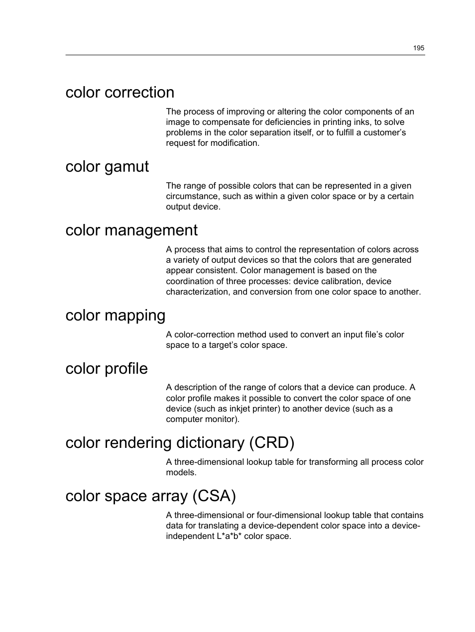 Color correction, Color gamut, Color management | Color mapping, Color profile, Color rendering dictionary (crd), Color space array (csa) | Konica Minolta bizhub PRESS C7000 User Manual | Page 205 / 218