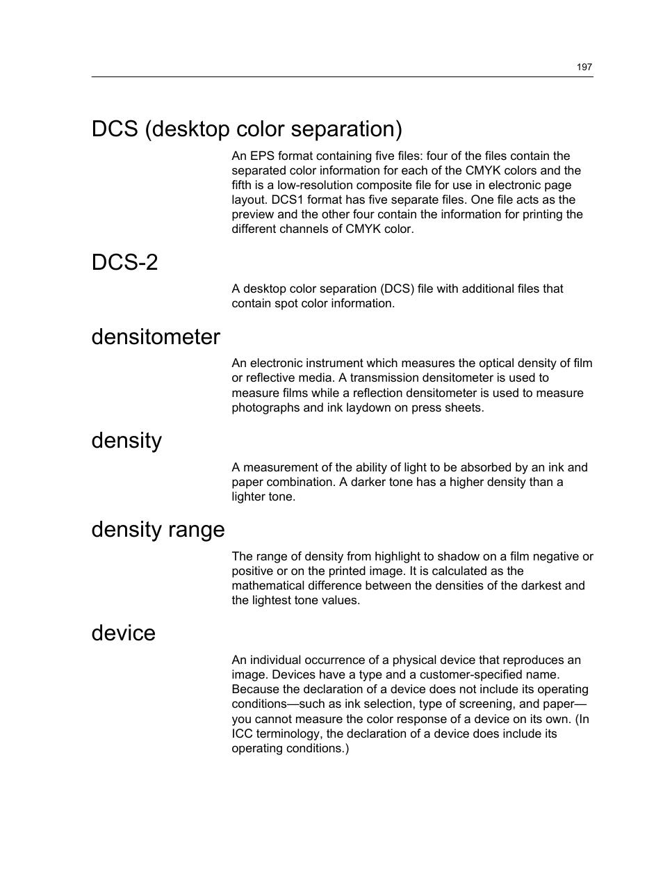 Dcs (desktop color separation), Dcs-2, Densitometer | Density, Density range, Device | Konica Minolta bizhub PRESS C7000 User Manual | Page 207 / 218