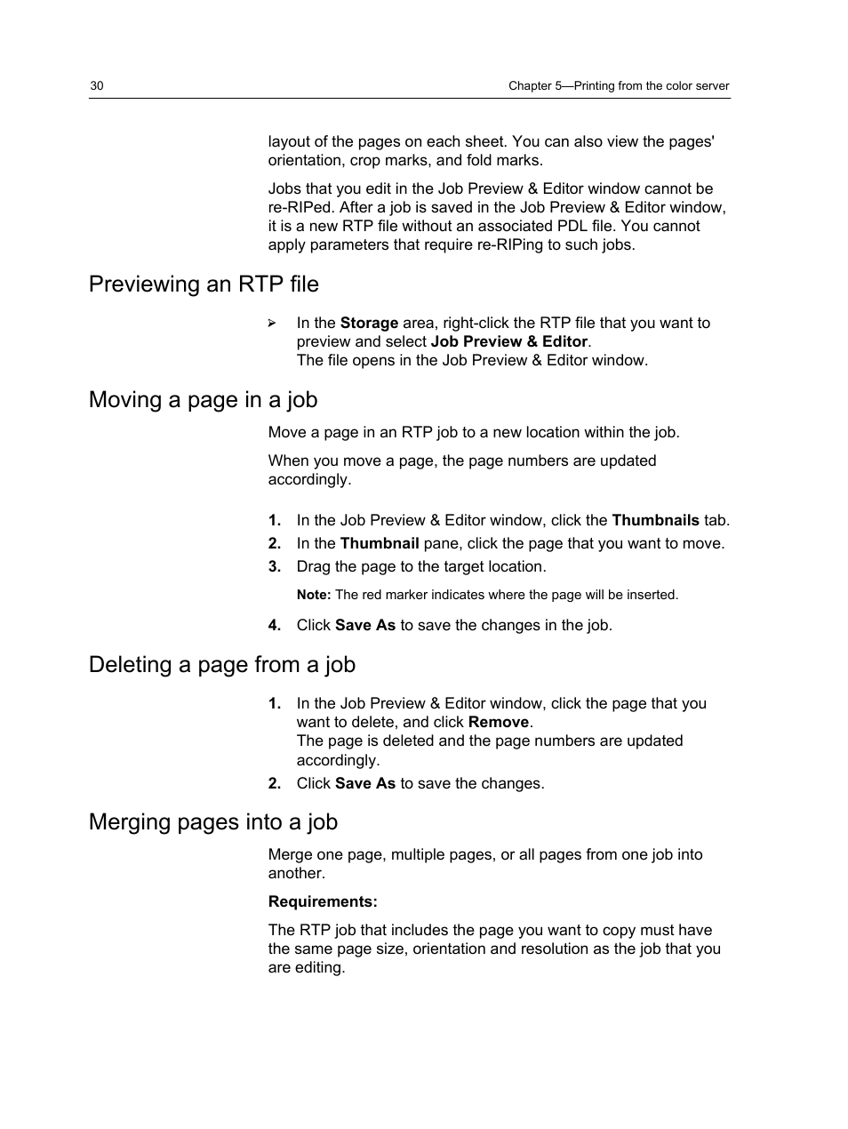 Previewing an rtp file, Moving a page in a job, Deleting a page from a job | Merging pages into a job | Konica Minolta bizhub PRESS C7000 User Manual | Page 40 / 218