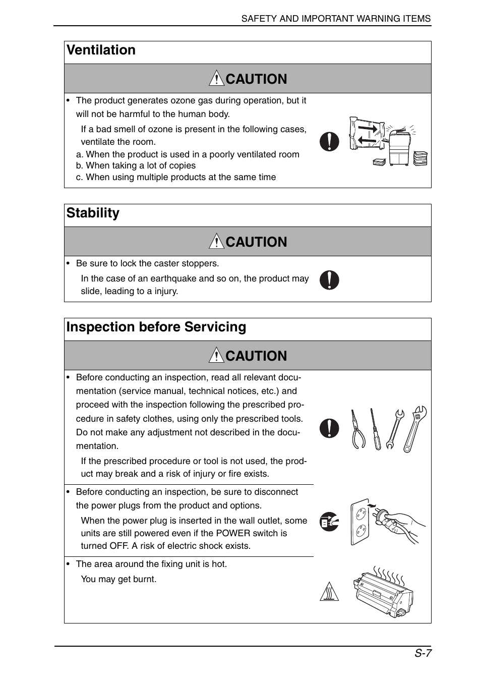 Ventilation caution, Stability caution, Inspection before servicing caution | Konica Minolta BIZHUB C652DS User Manual | Page 10 / 33