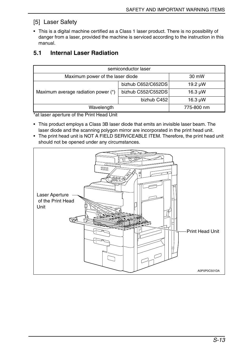 1 internal laser radiation, 5] laser safety | Konica Minolta BIZHUB C652DS User Manual | Page 16 / 33