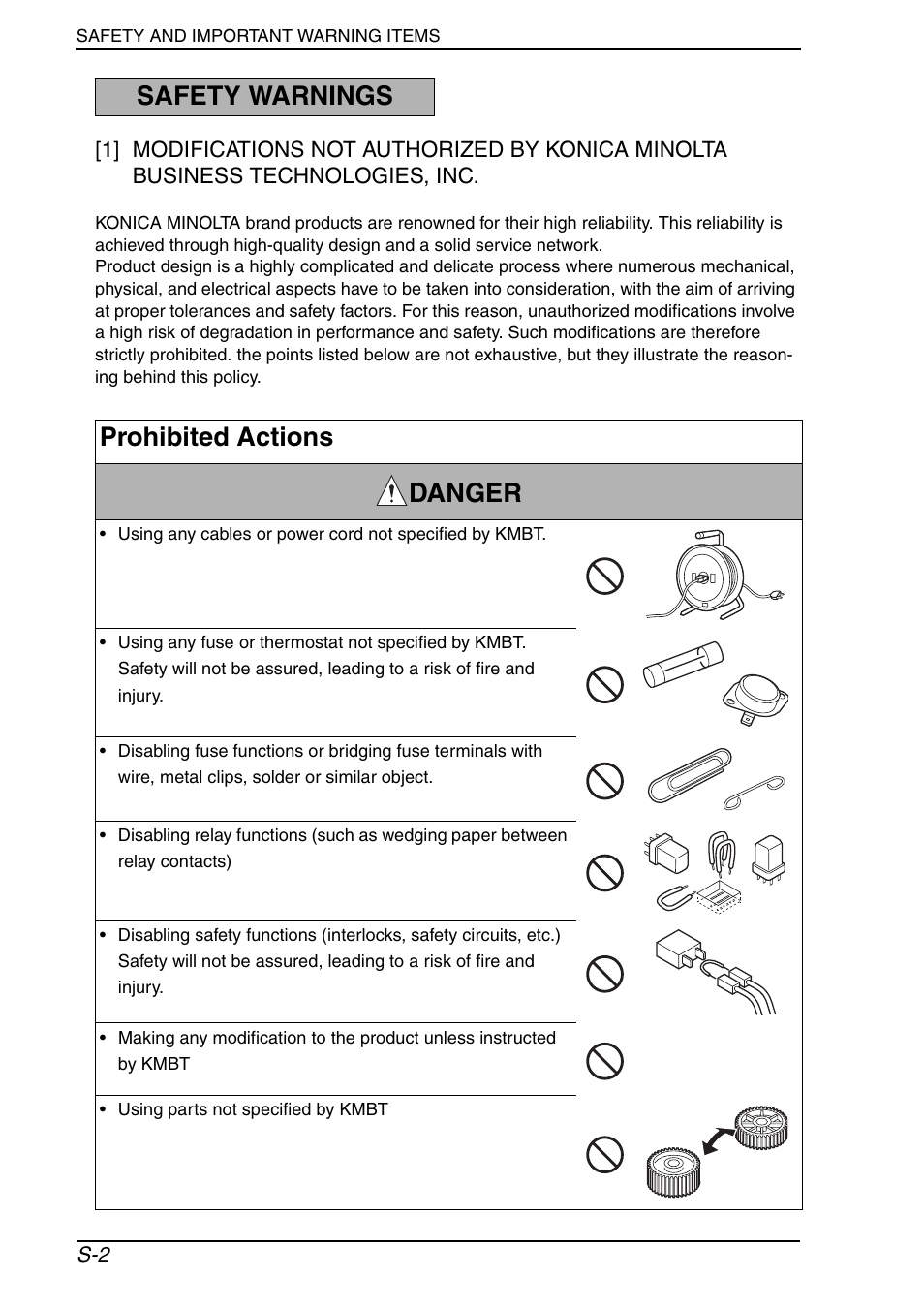 Safety warnings, Safety warnings prohibited actions danger | Konica Minolta BIZHUB C652DS User Manual | Page 5 / 33