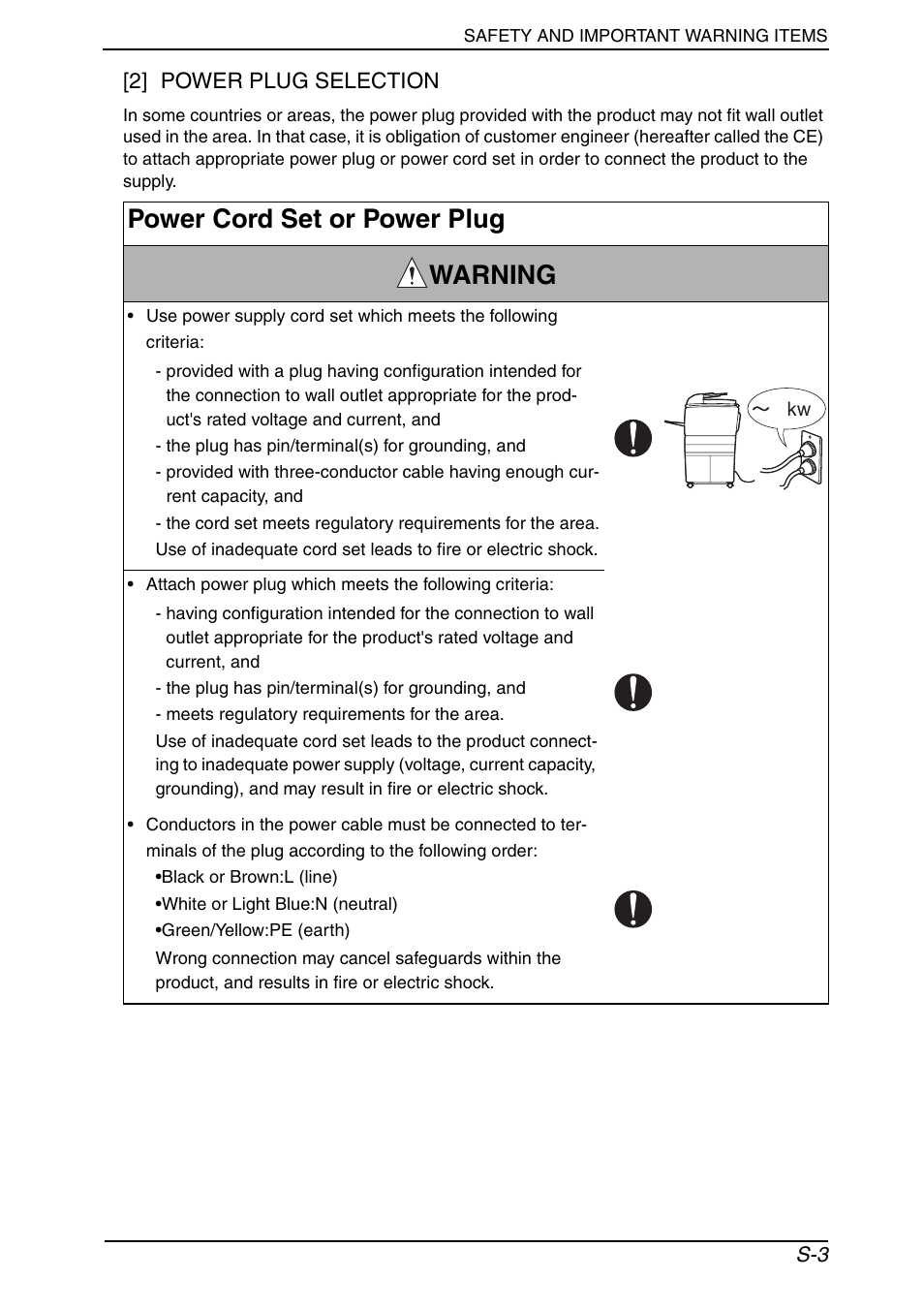 Power cord set or power plug warning | Konica Minolta BIZHUB C652DS User Manual | Page 6 / 33