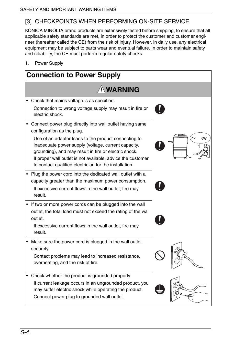 Connection to power supply warning | Konica Minolta BIZHUB C652DS User Manual | Page 7 / 33