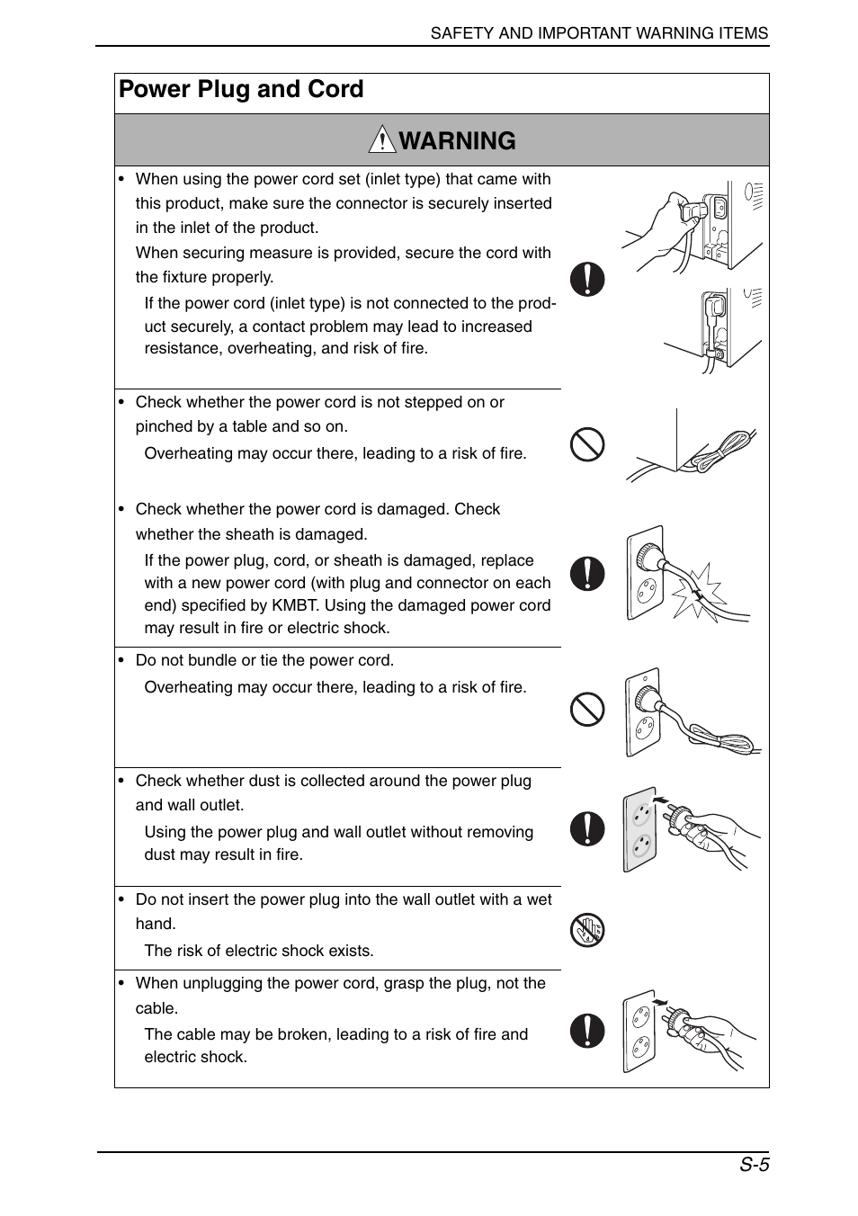 Power plug and cord warning | Konica Minolta BIZHUB C652DS User Manual | Page 8 / 33