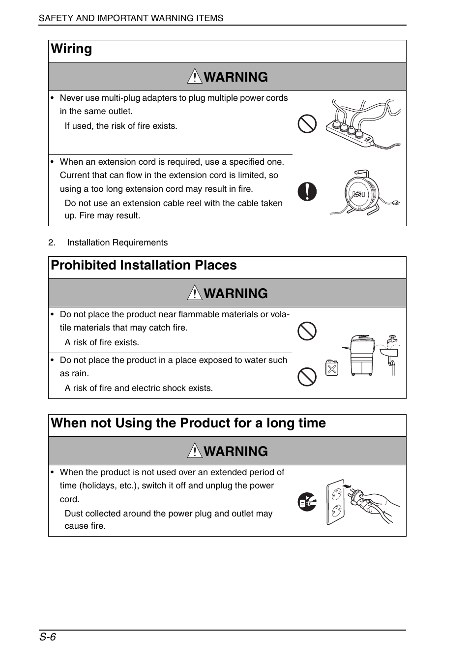 Wiring warning, Prohibited installation places warning, When not using the product for a long time warning | Konica Minolta BIZHUB C652DS User Manual | Page 9 / 33