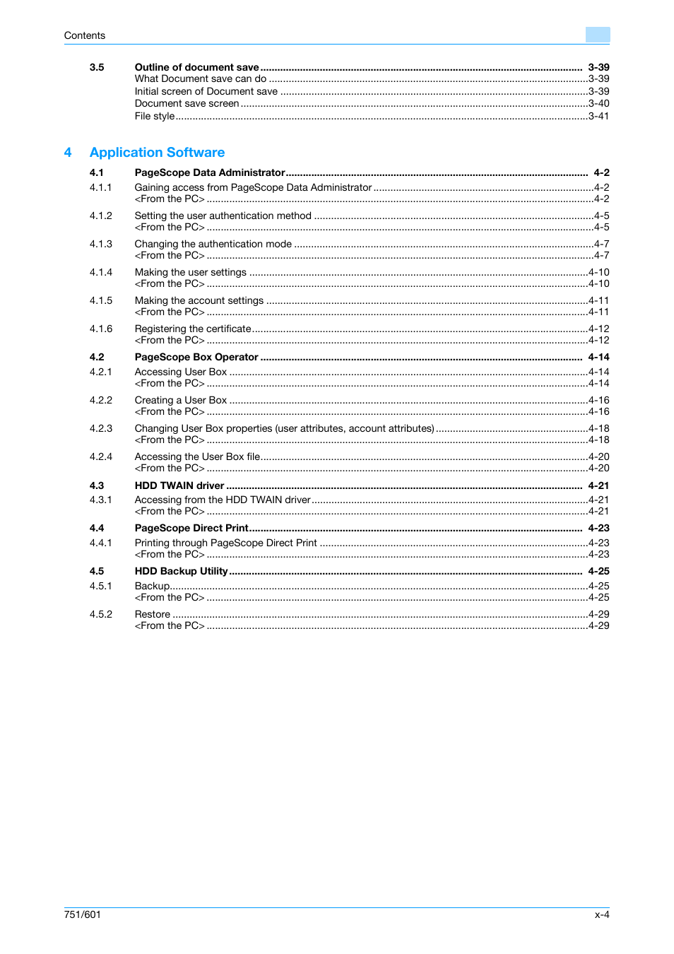 4application software | Konica Minolta bizhub 751 User Manual | Page 5 / 199