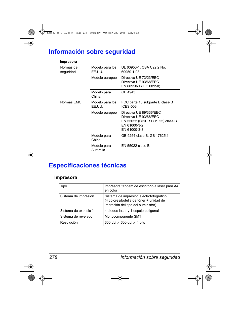 Información sobre seguridad, Especificaciones técnicas, Impresora | Impresora 278 | Konica Minolta magicolor 5550 User Manual | Page 292 / 304