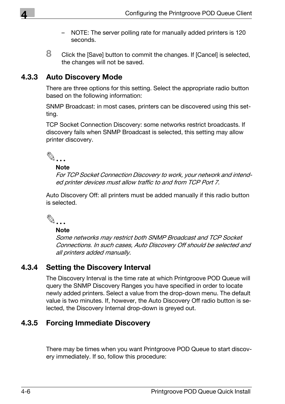 Auto discovery mode -6, Setting the discovery interval -6, Forcing immediate discovery -6 | Konica Minolta Printgroove User Manual | Page 27 / 56