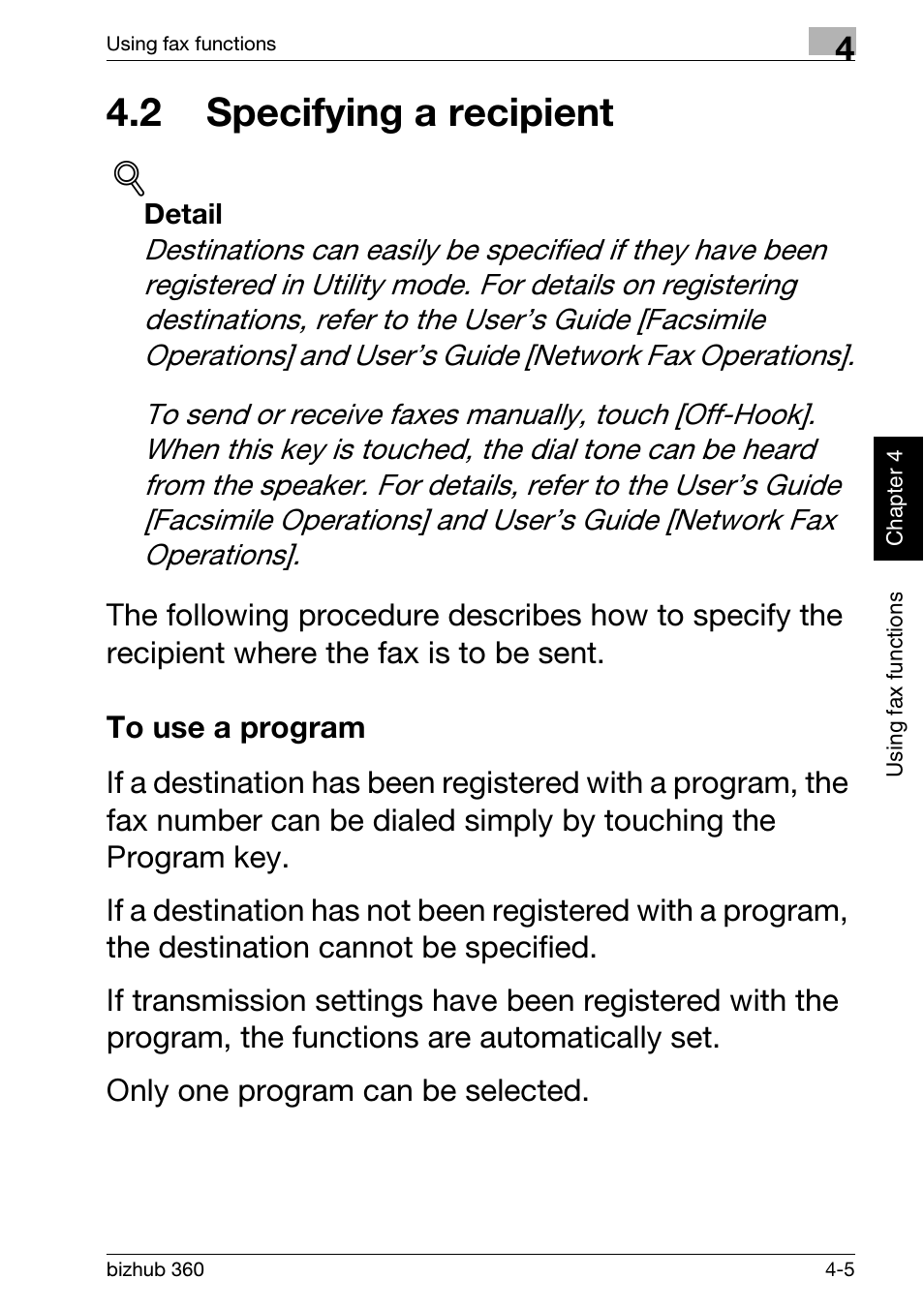 2 specifying a recipient, To use a program, 2 specifying a recipient -5 | To use a program -5 | Konica Minolta bizhub 360 User Manual | Page 113 / 152