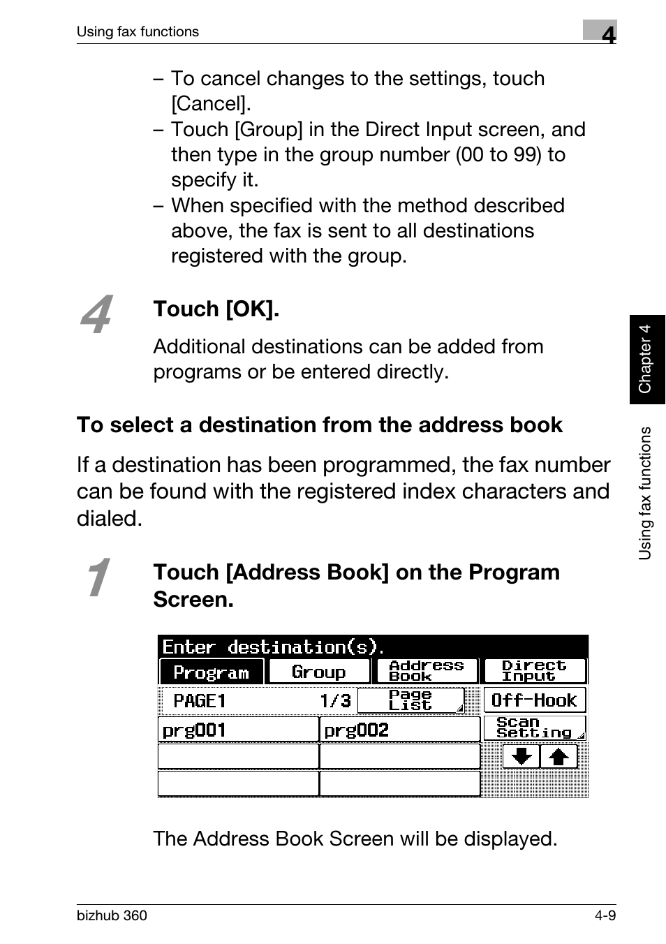 To select a destination from the address book, To select a destination from the address book -9 | Konica Minolta bizhub 360 User Manual | Page 117 / 152