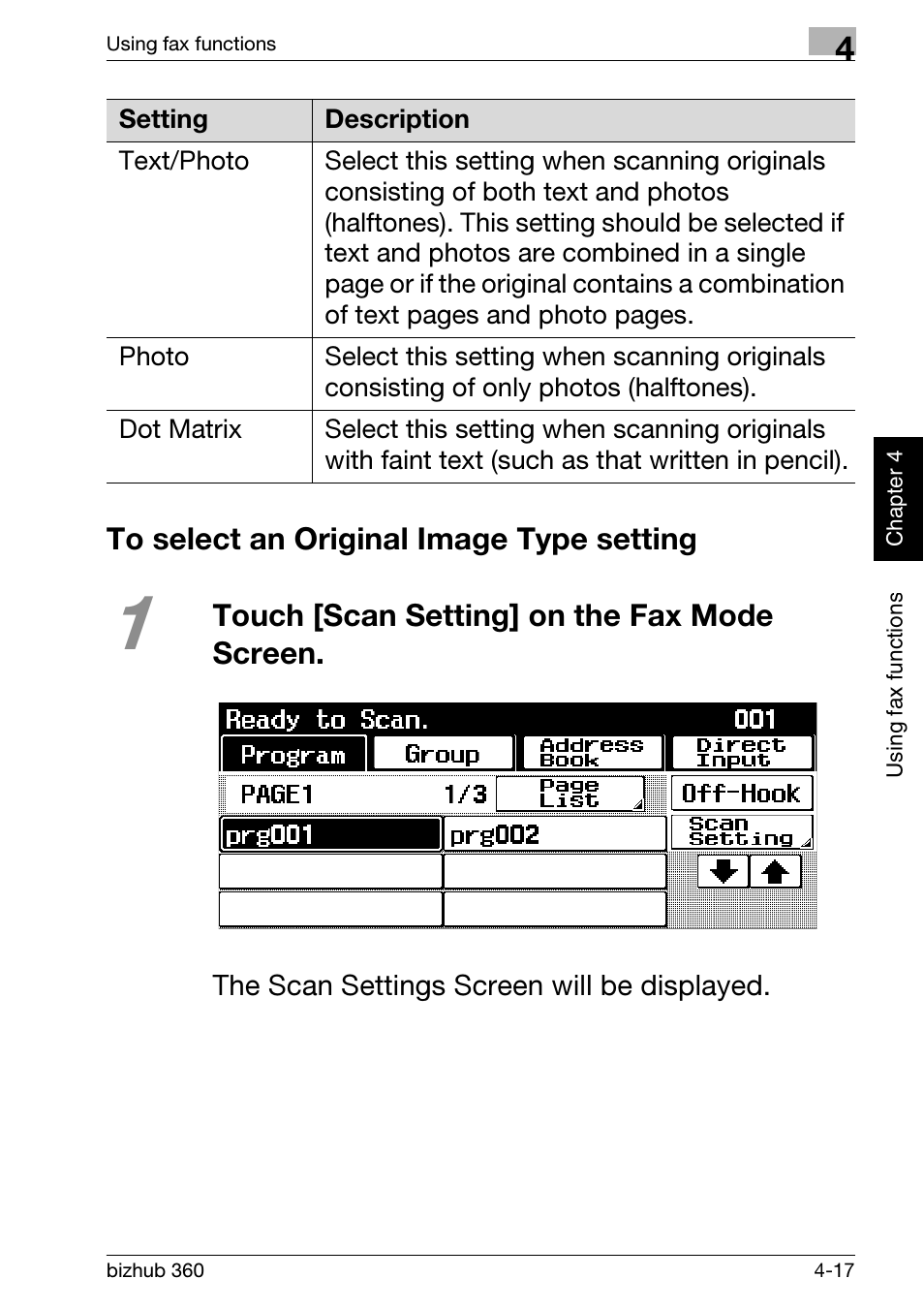 To select an original image type setting, To select an original image type setting -17, Touch [scan setting] on the fax mode screen | Konica Minolta bizhub 360 User Manual | Page 125 / 152