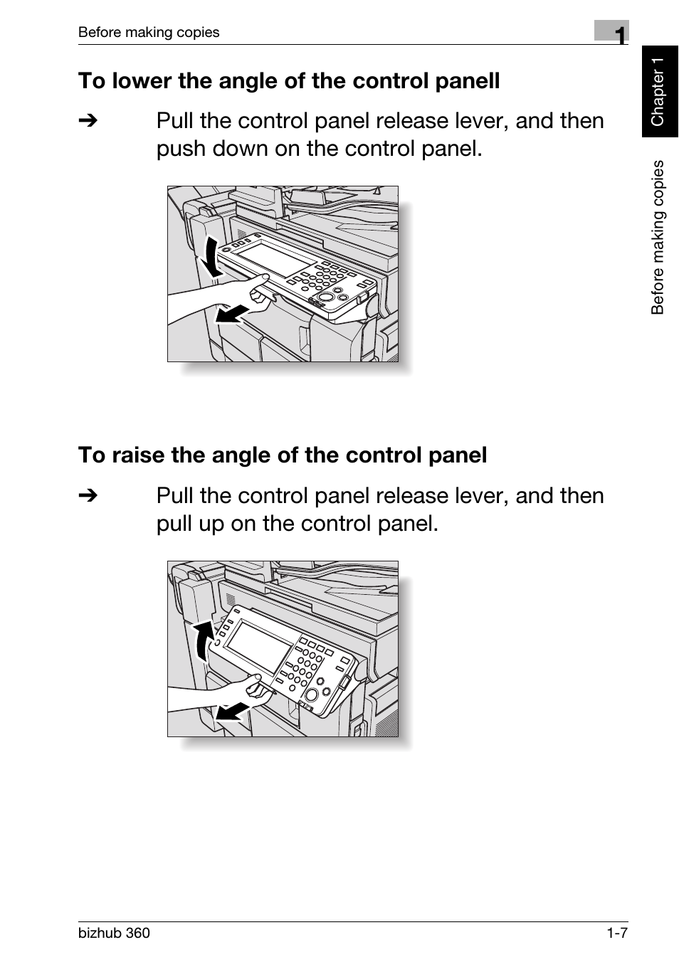 To lower the angle of the control panell, To raise the angle of the control panel | Konica Minolta bizhub 360 User Manual | Page 19 / 152