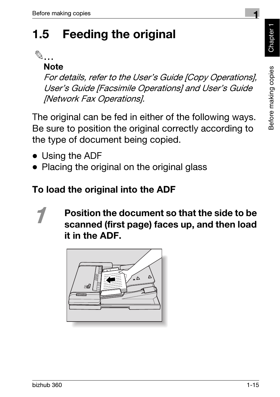 5 feeding the original, To load the original into the adf, 5 feeding the original -15 | To load the original into the adf -15 | Konica Minolta bizhub 360 User Manual | Page 27 / 152
