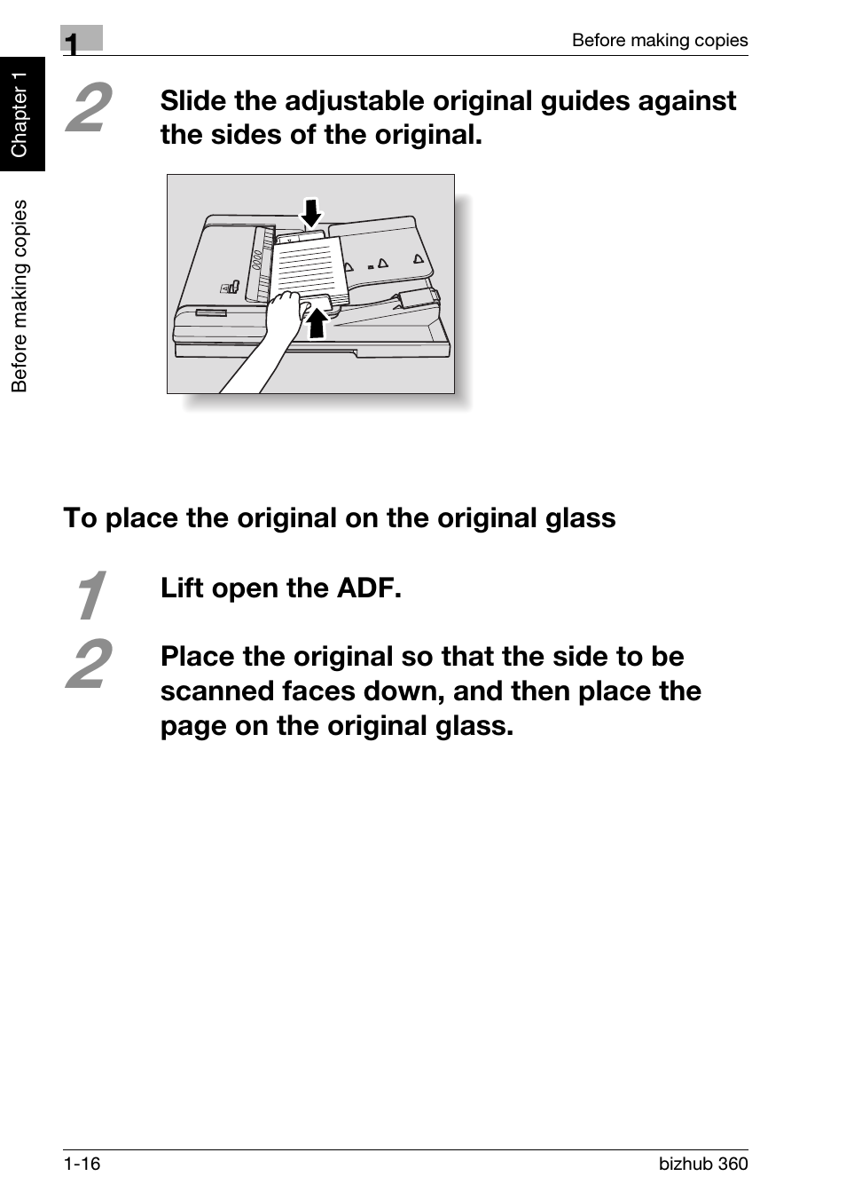 To place the original on the original glass, To place the original on the original glass 1-16 | Konica Minolta bizhub 360 User Manual | Page 28 / 152