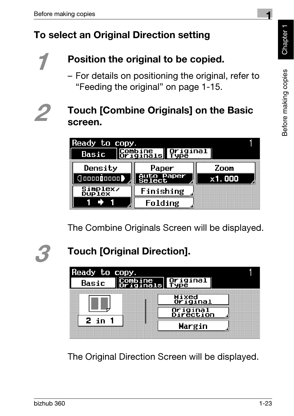 To select an original direction setting, To select an original direction setting -23 | Konica Minolta bizhub 360 User Manual | Page 35 / 152