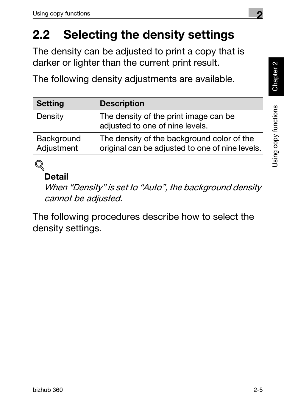 2 selecting the density settings, 2 selecting the density settings -5 | Konica Minolta bizhub 360 User Manual | Page 43 / 152