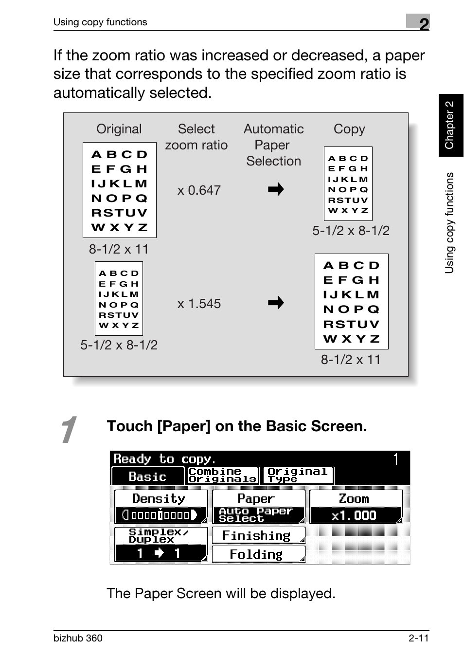Touch [paper] on the basic screen, The paper screen will be displayed | Konica Minolta bizhub 360 User Manual | Page 49 / 152