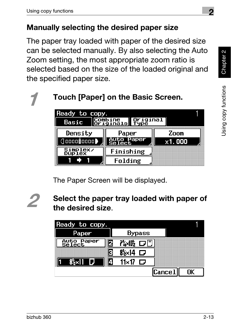 Manually selecting the desired paper size, Manually selecting the desired paper size 2-13 | Konica Minolta bizhub 360 User Manual | Page 51 / 152
