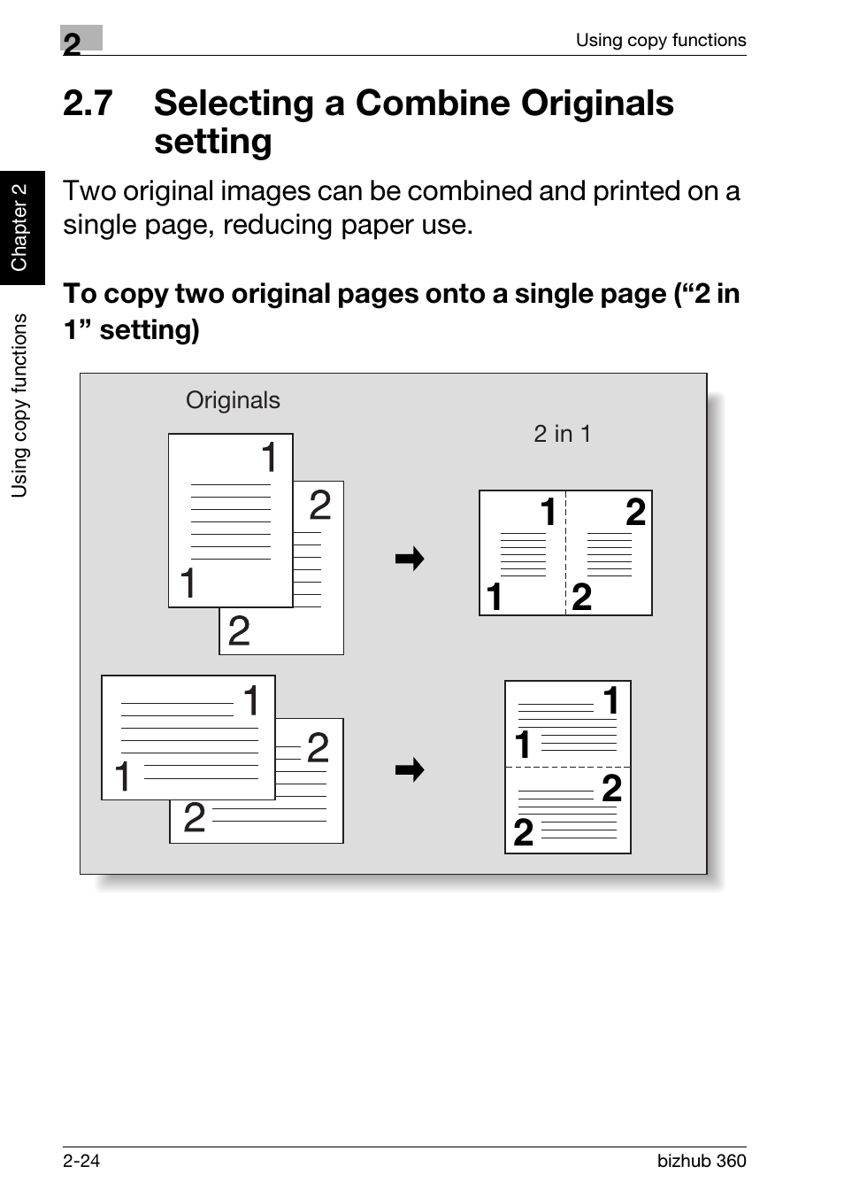7 selecting a combine originals setting, 7 selecting a combine originals setting 2-24 | Konica Minolta bizhub 360 User Manual | Page 62 / 152