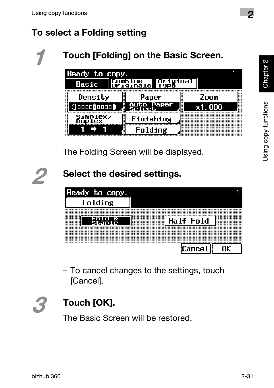 To select a folding setting, To select a folding setting -31 | Konica Minolta bizhub 360 User Manual | Page 69 / 152