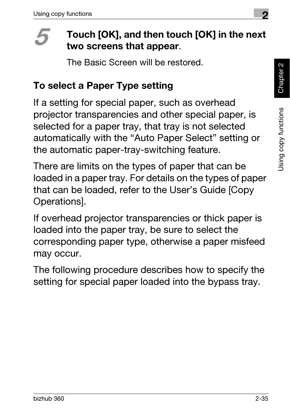 To select a paper type setting, To select a paper type setting -35 | Konica Minolta bizhub 360 User Manual | Page 73 / 152